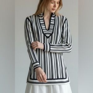 Tory Burch Black and Ivory Cotton Striped Knit Tunic